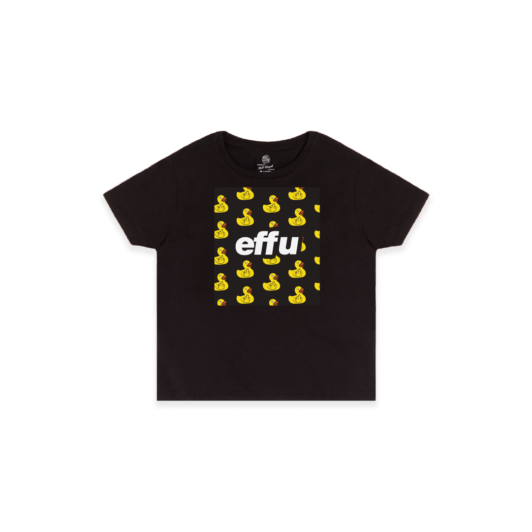 Black t-shirt with yellow rubber duck pattern and 'effu' text on a white background
