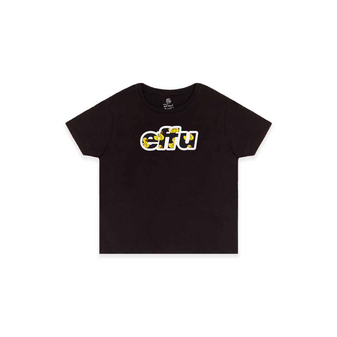 Womens black high waisted t-shirt with black 'effu' text design on a white background