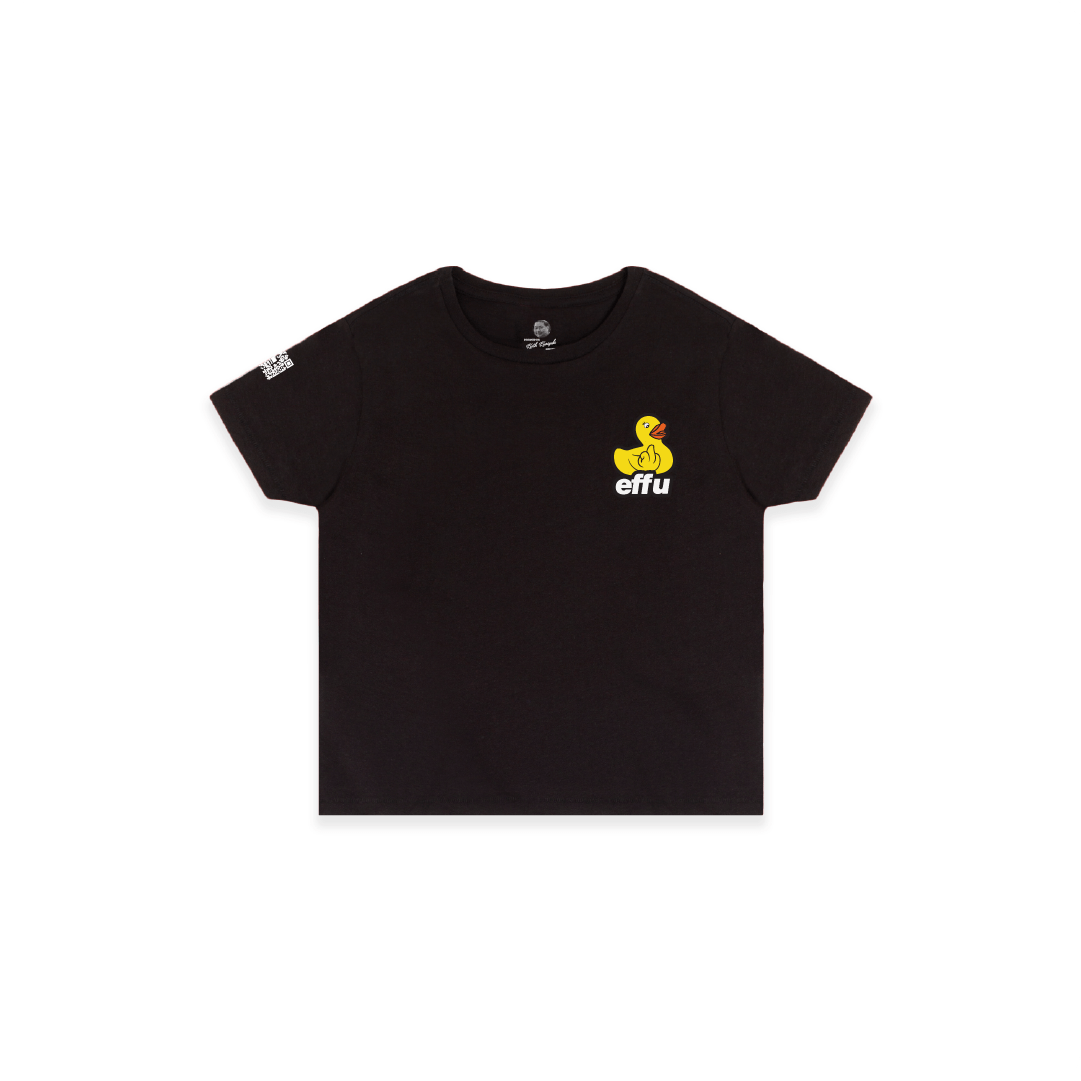 Womens black high waisted t-shirt with a small yellow rubber ducky logo and 'effu' text on a white background