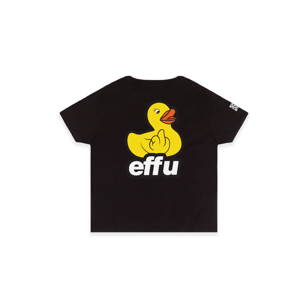 Rear view of a womens black high waisted t-shirt with a large yellow rubber ducky logo and 'effu' text on a white background