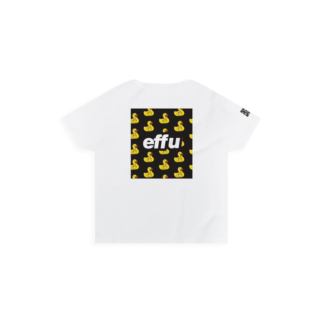 Rear view of a womens white high waisted t-shirt with a black square design featuring yellow ducks and 'effu' text on a white background.