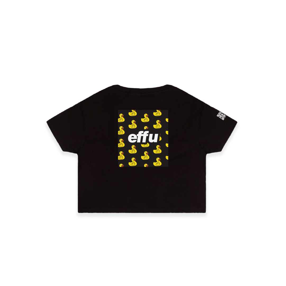 Black t-shirt with yellow duck pattern and 'effu' text on a white background
