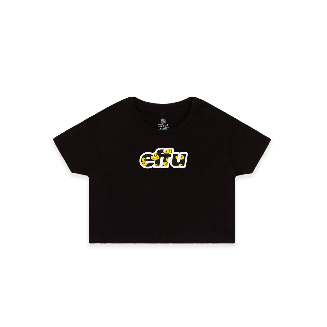Black crop top t-shirt with 'effu' text on a white background
