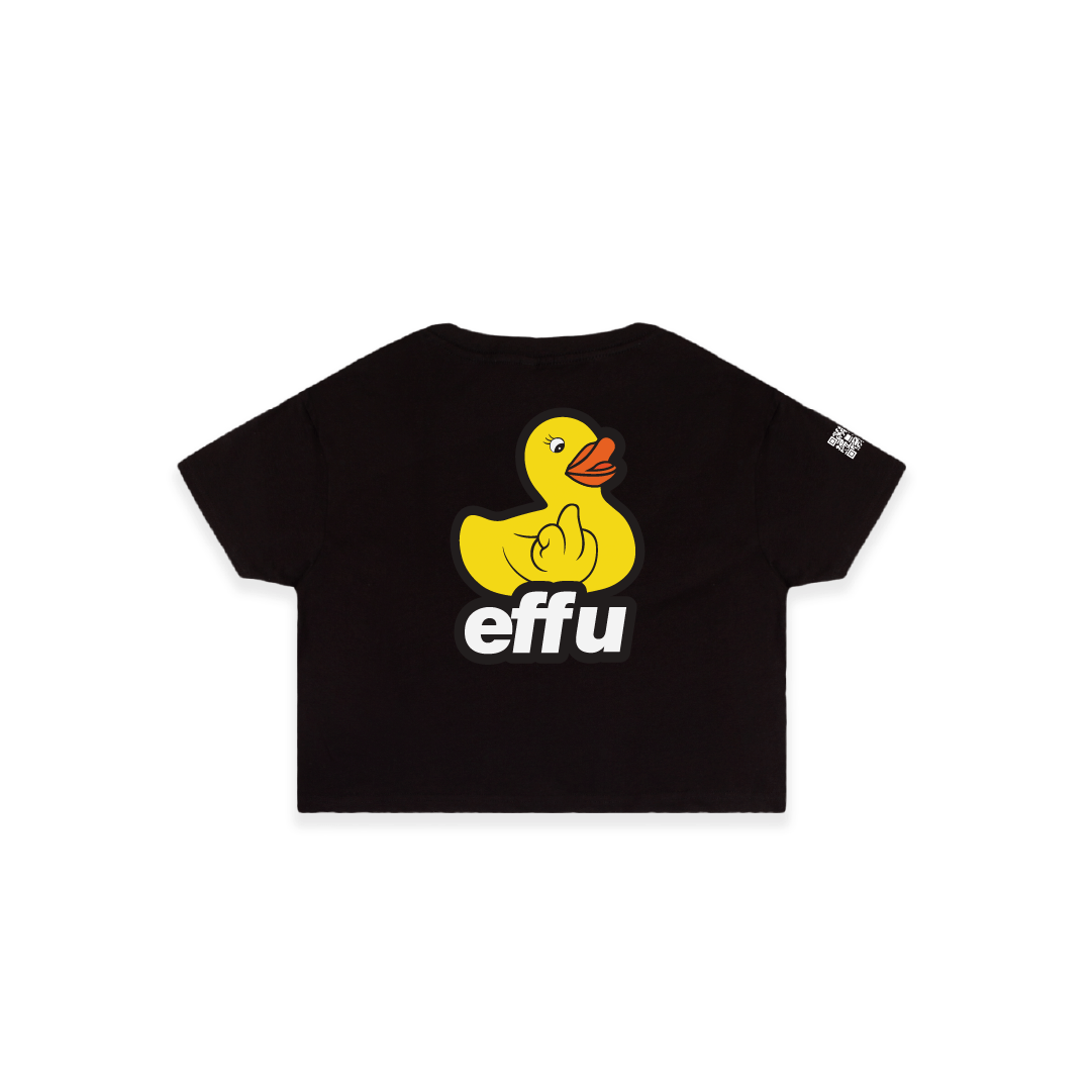 Rear view of a womans black crop top t-shirt with a large yellow rubber ducky graphic and 'effu' text on a white background