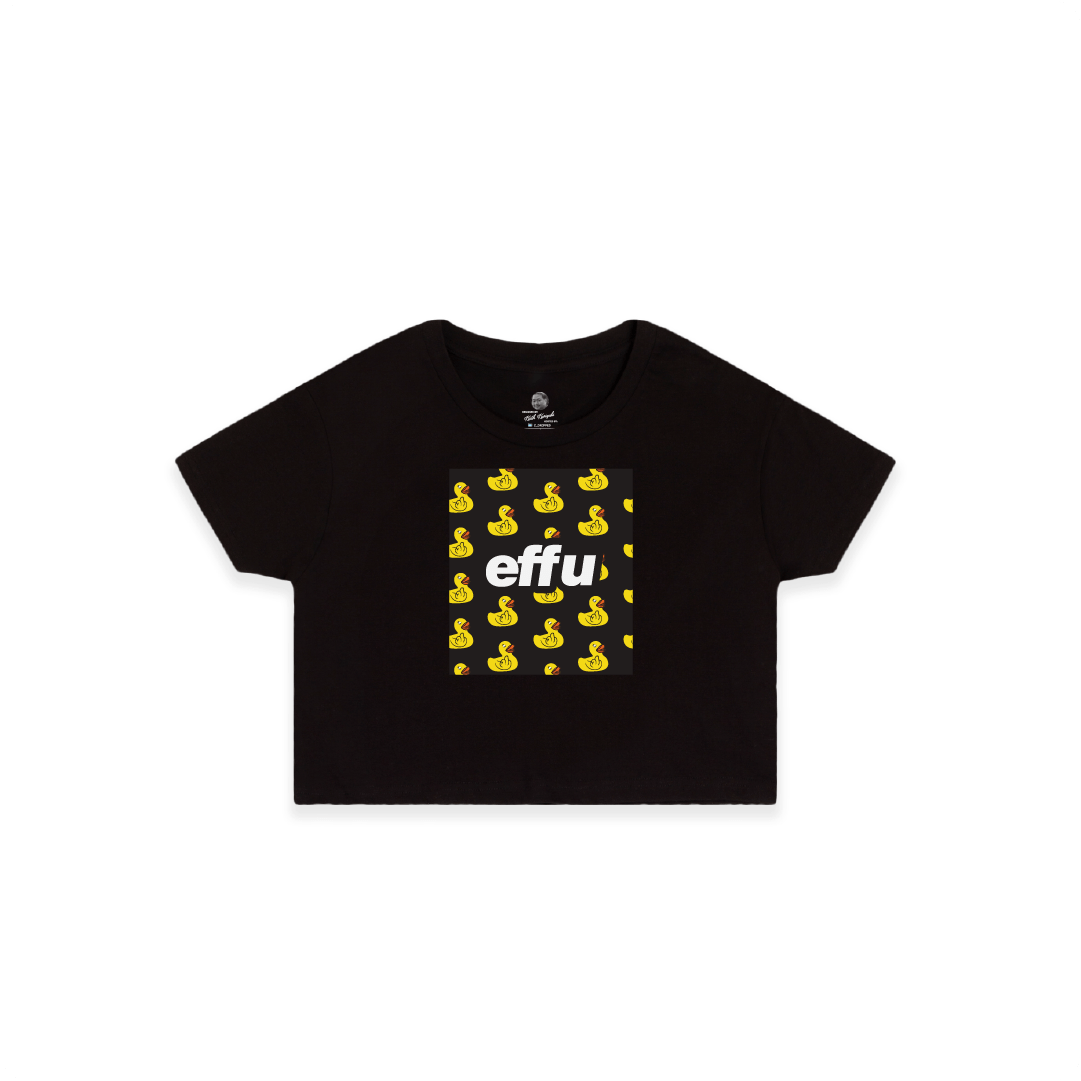 Black crop top t-shirt with yellow rubber duck pattern and 'effu' text on a white background