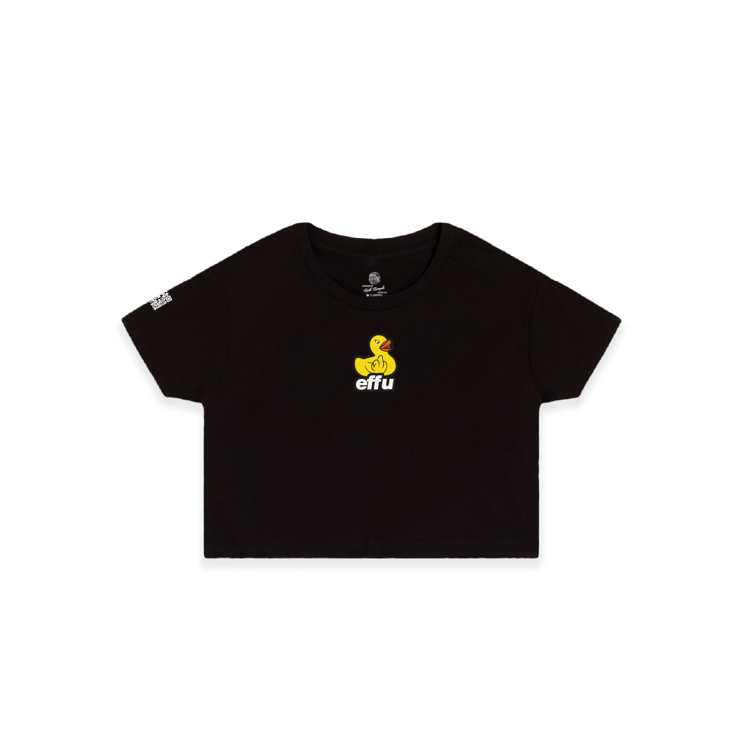 Front view of a womans black crop top t-shirt with a small yellow rubber ducky graphic and 'effu' text on a white background