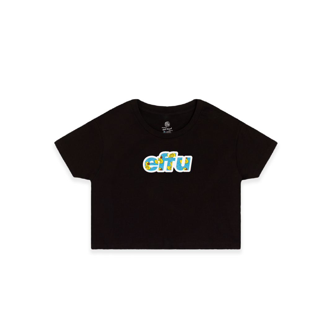 Front view of a womans black crop top t-shirt with cyan 'effu' text on a white background
