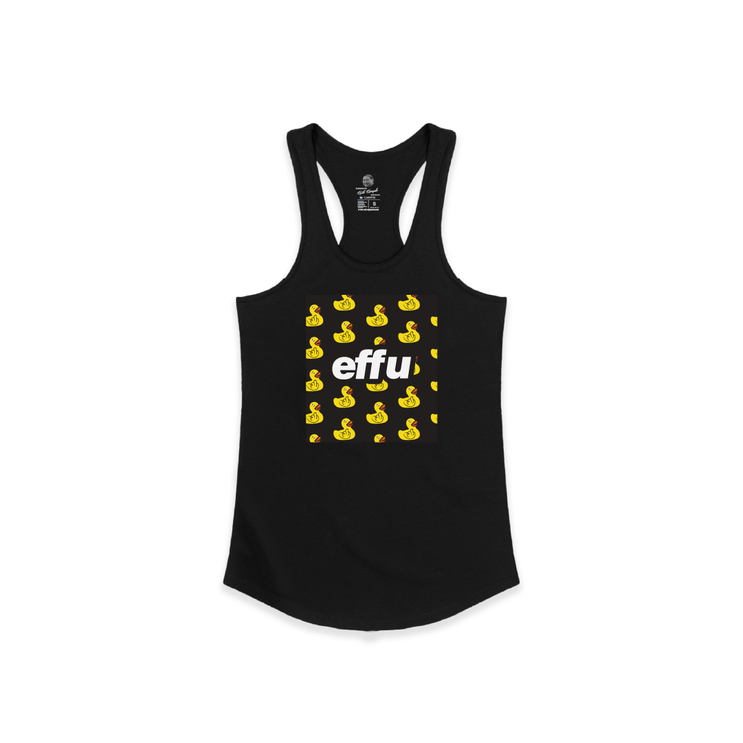 Black tank top with yellow rubber duck pattern and 'effu' text on a white background