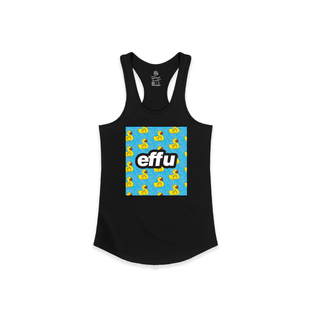 Black tank top with blue graphic featuring yellow rubber ducks and 'effu' text on a white background