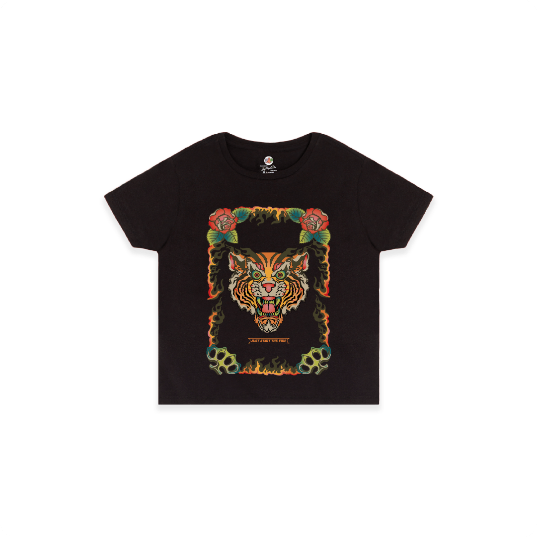 Black womens high waist t-shirt with a colorful tiger design on a white background