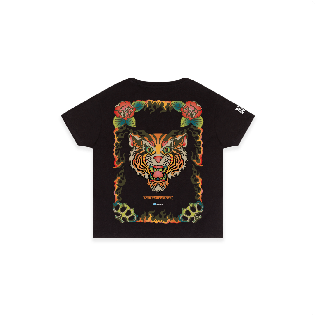 Black womens high waist t-shirt with a colorful tiger design on the back against a white background