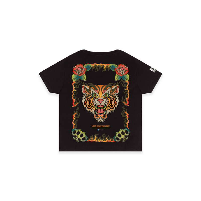 Black womens high waist t-shirt with a colorful tiger design on the back against a white background