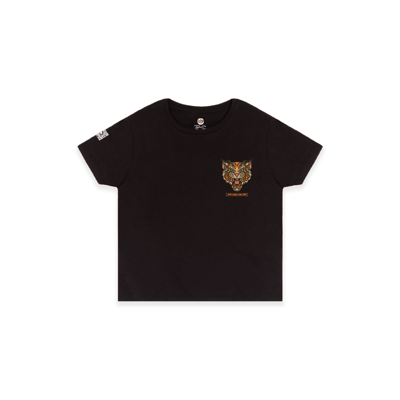 Black womens high waist t-shirt with a tiger emblem on a white background