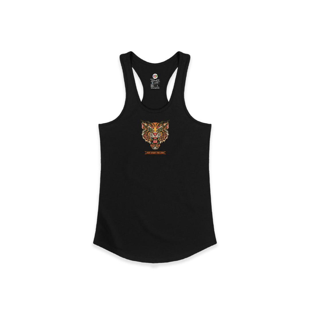 Womens Black tank top with a tiger graphic on a white background