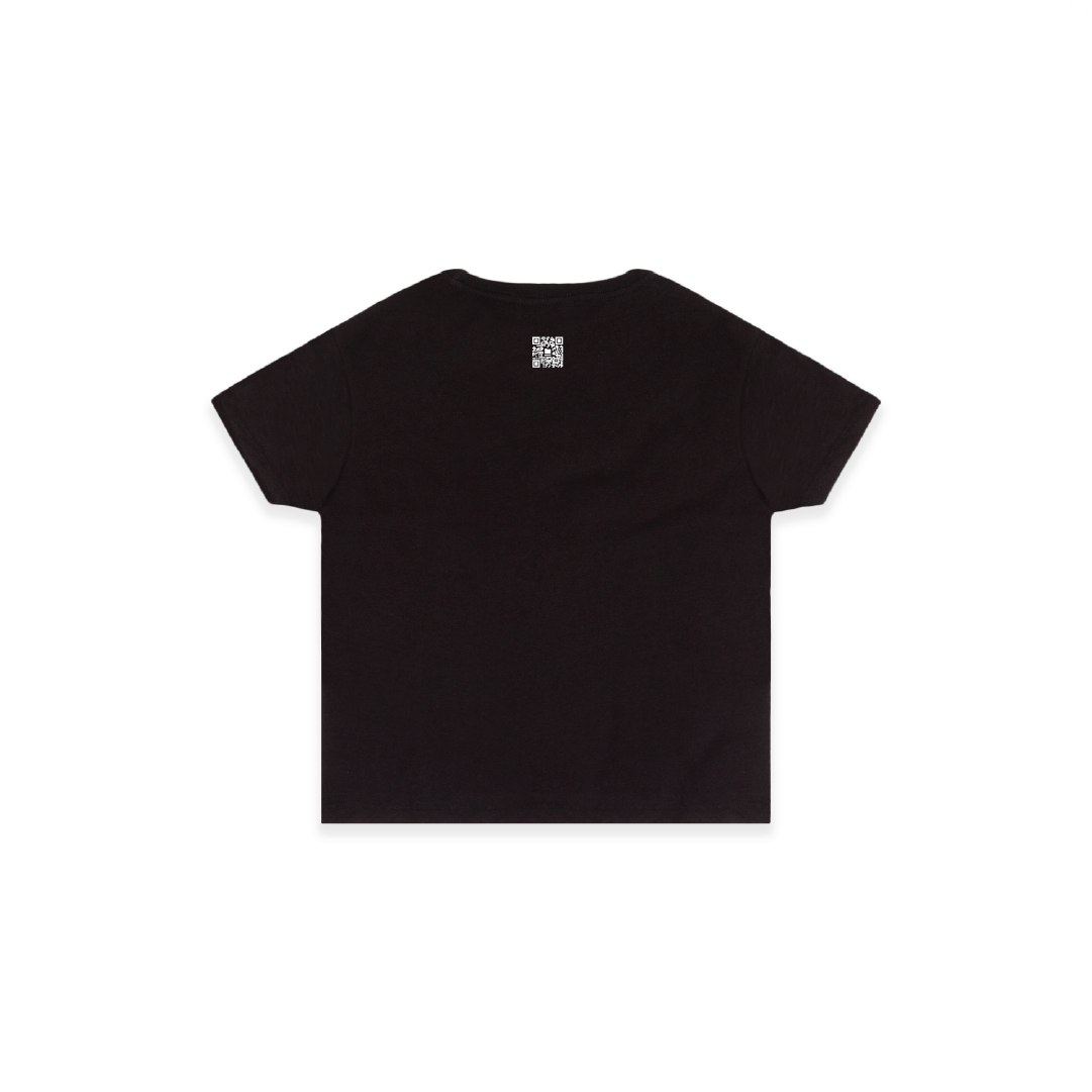 Rear view of a black high waisted tee with a small white zdropped QR code printed on the back on a white back ground.