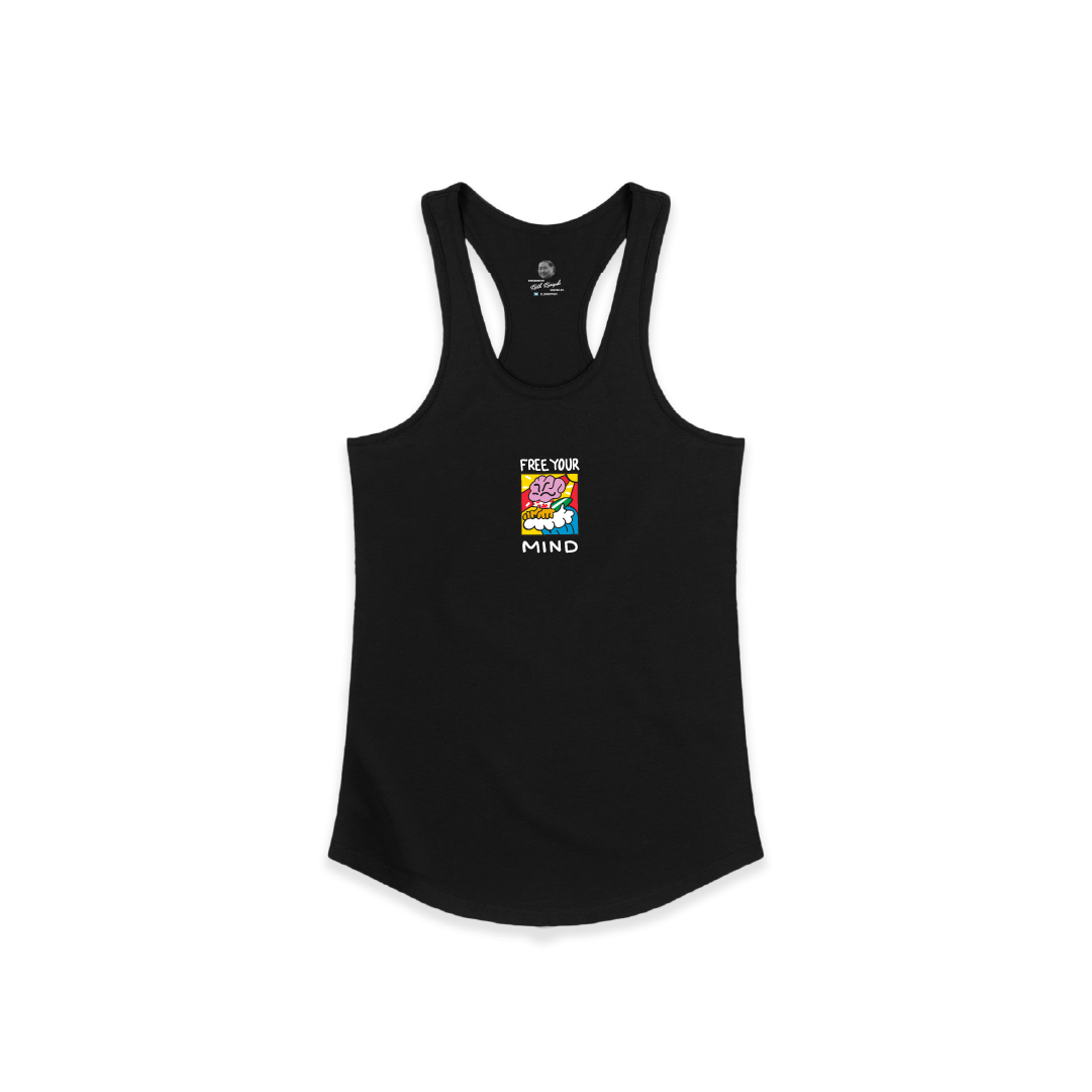 Front view of a womens black racer back tank with a small free your mind graphic on a white background