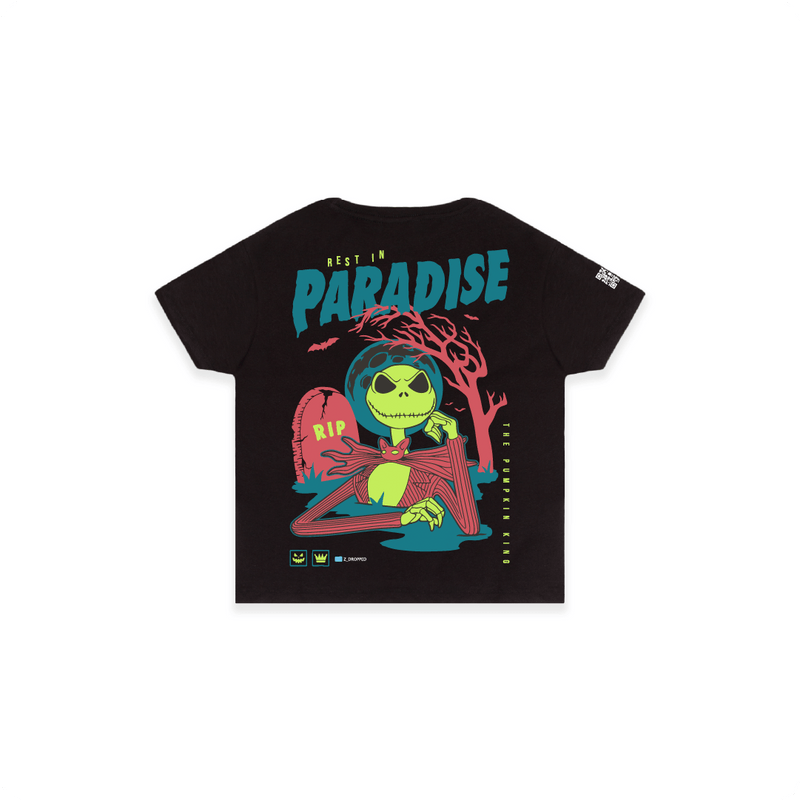 Rear view of a black high waisted womens shirt with a cartoon skeleton character and 'Rest in Paradise' text on a white background