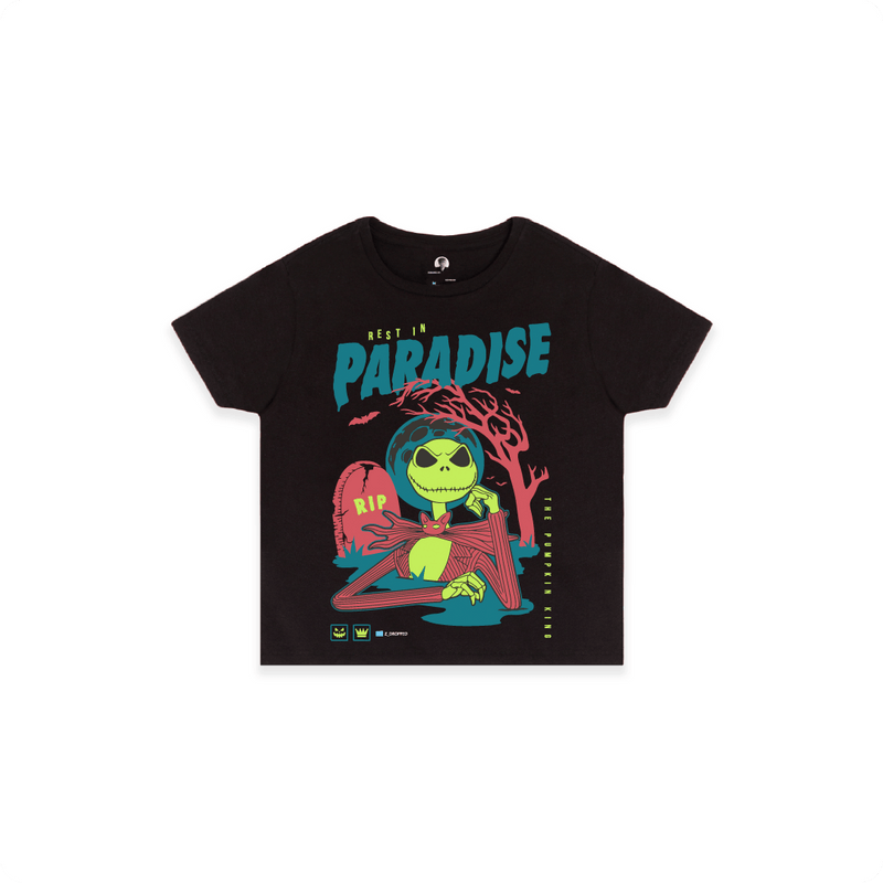 Front view of a women's black crop top shirt with a colorful skeleton graphic featuring a 'Rest in Paradise' text on a white background.