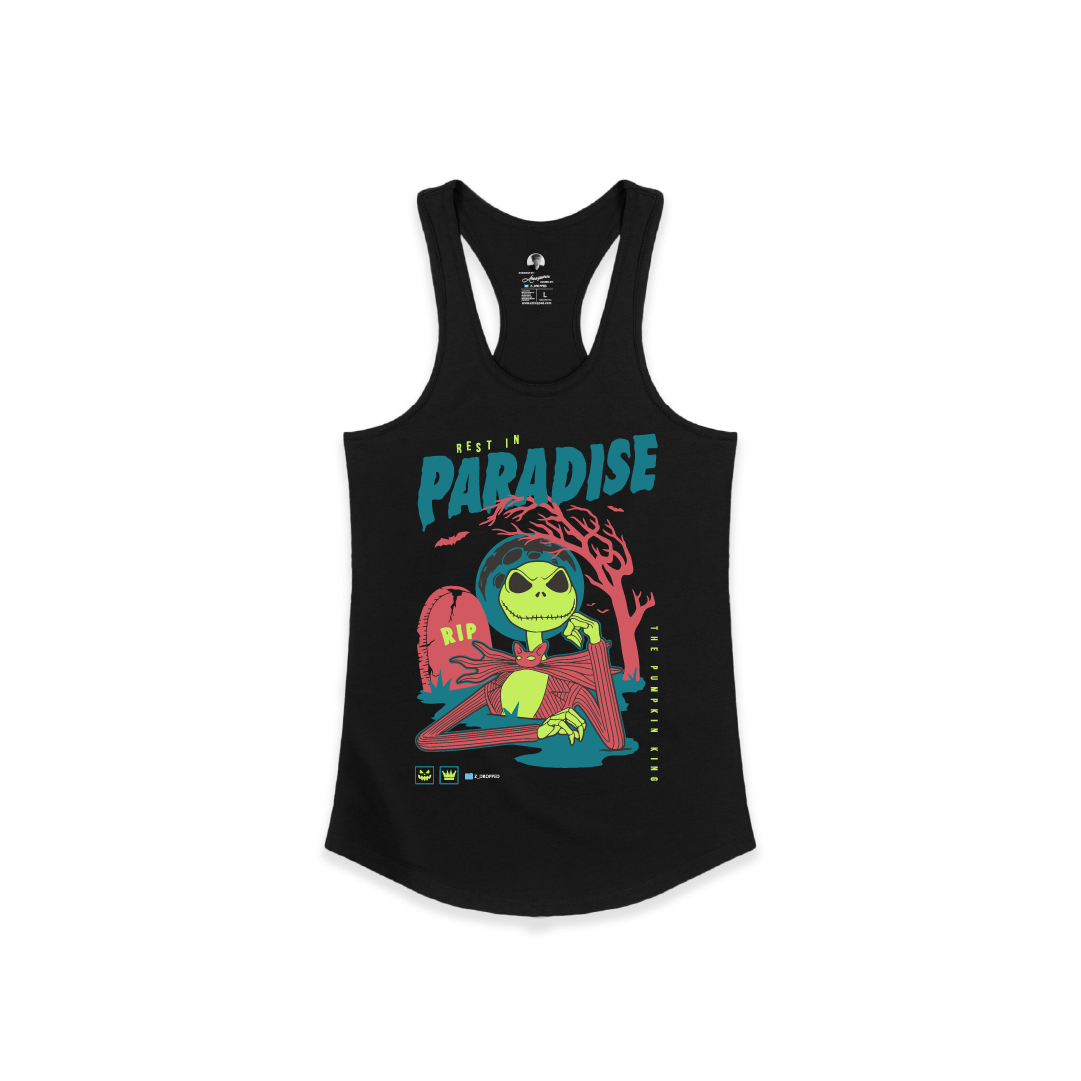 Front view of a black tank top with a skeleton and 'Rest in Paradise' text on a white background