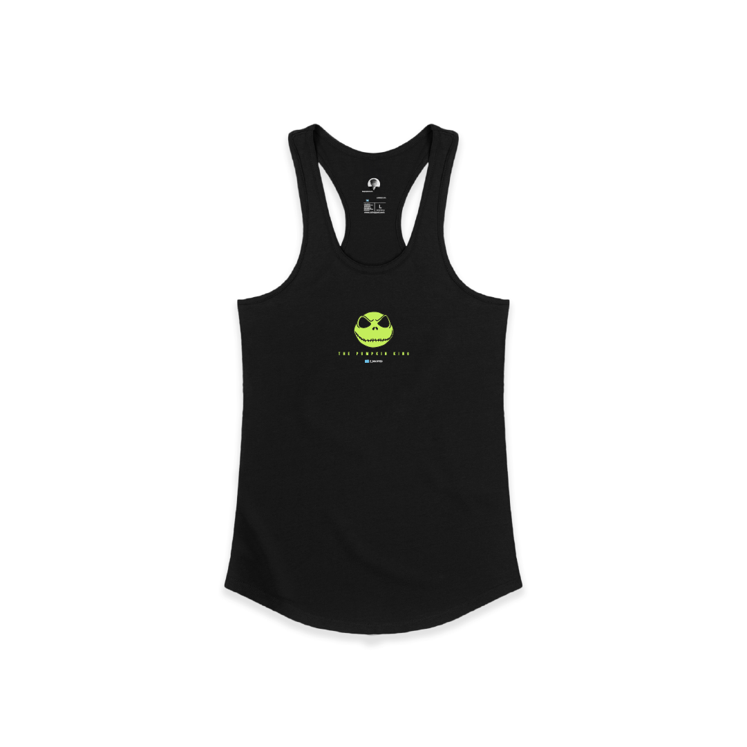 Front view of a black tank top with a neon green skeleton head on a white background