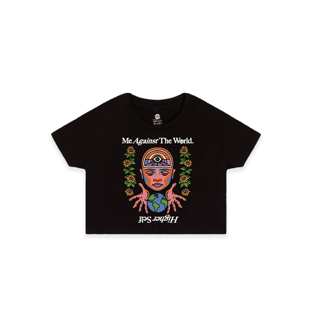front view of a womens Black crop top t-shirt with colorful graphic design and text on a white background