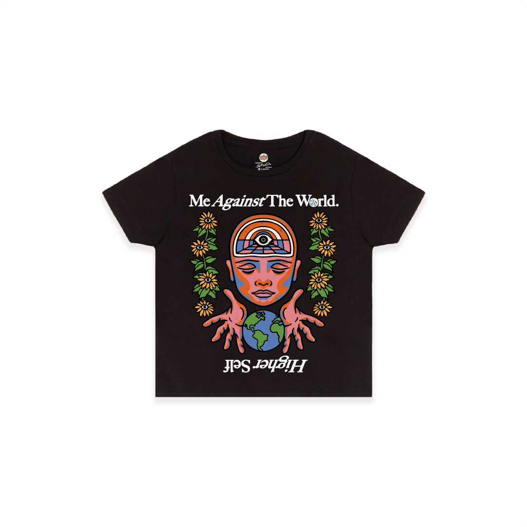 Front view of a womens black high waist t-shirt with colorful graphic design and text on a white background