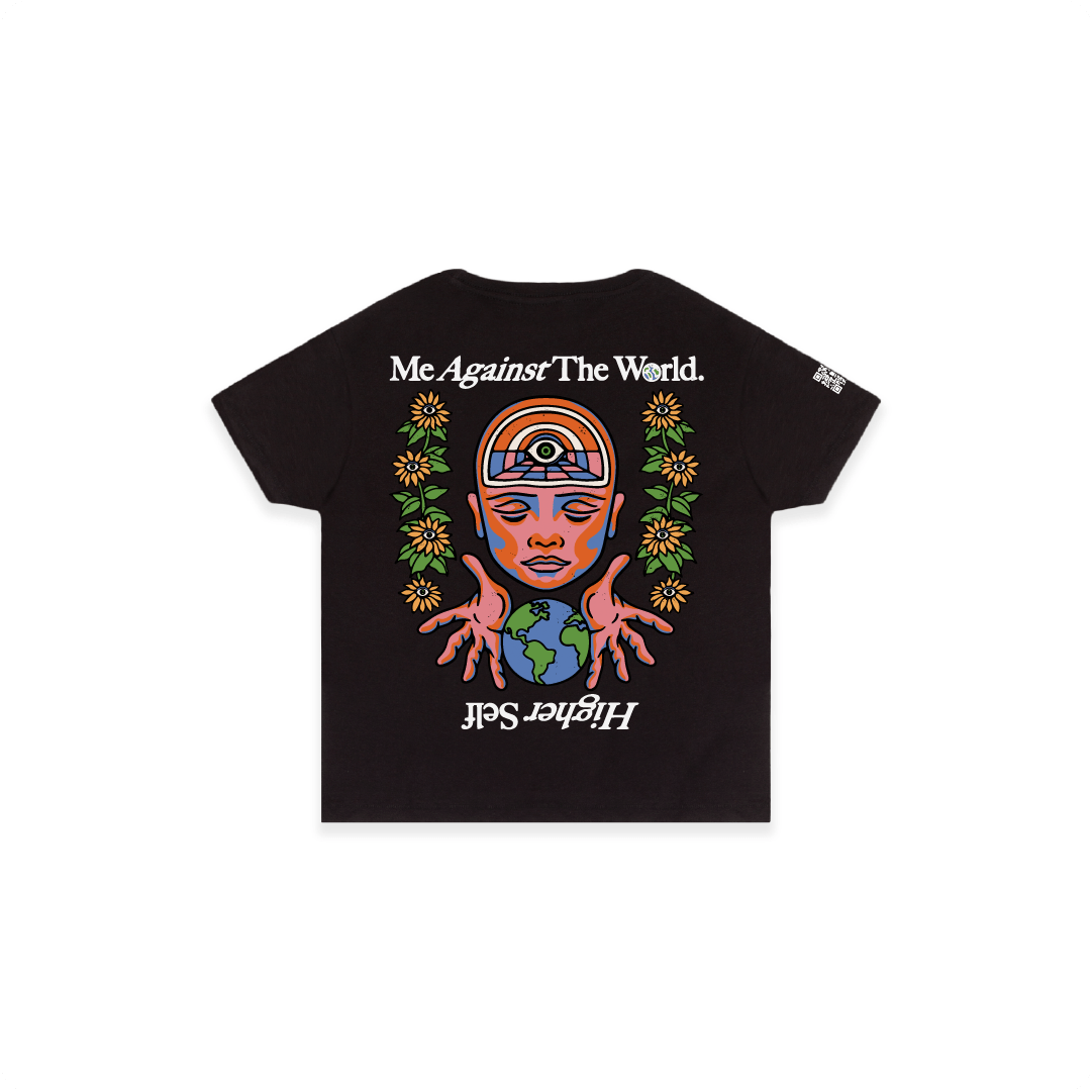 Rear view image of a womens Black high waist t-shirt with colorful graphic design and text on a white background