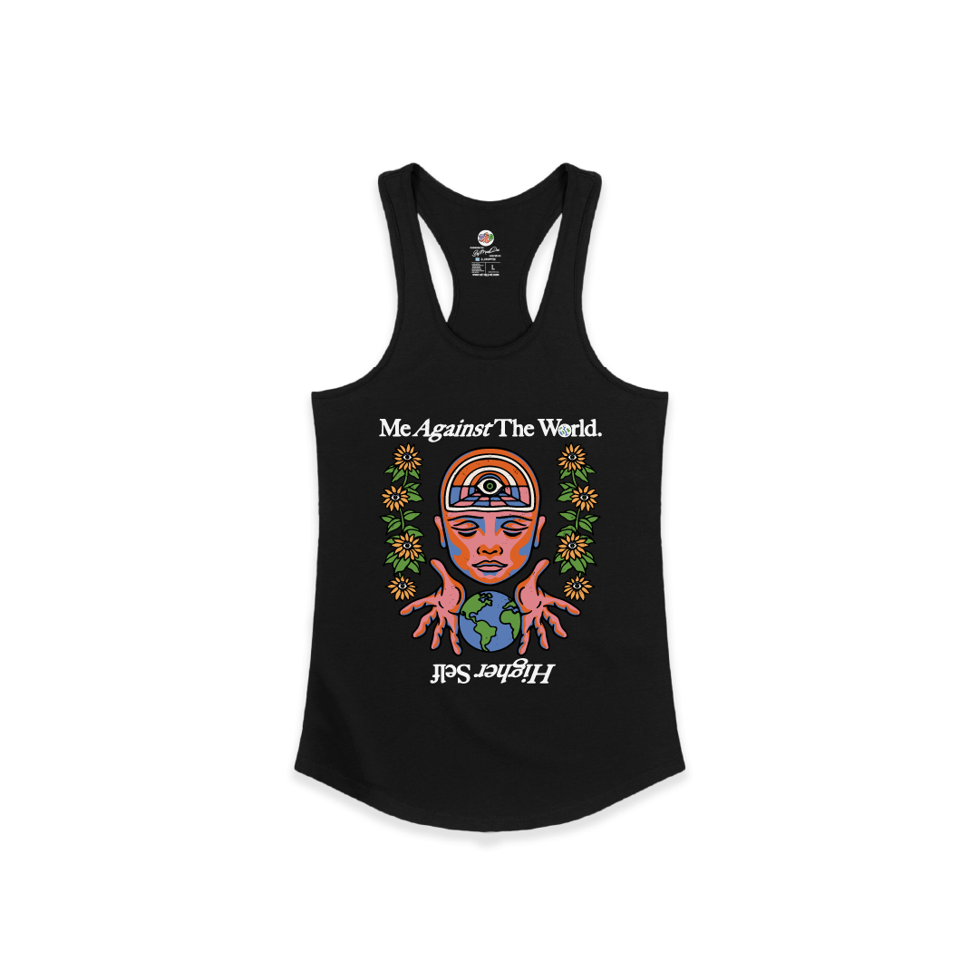 A womens black tank top with a Me Against The Word graphic on the front on a white background