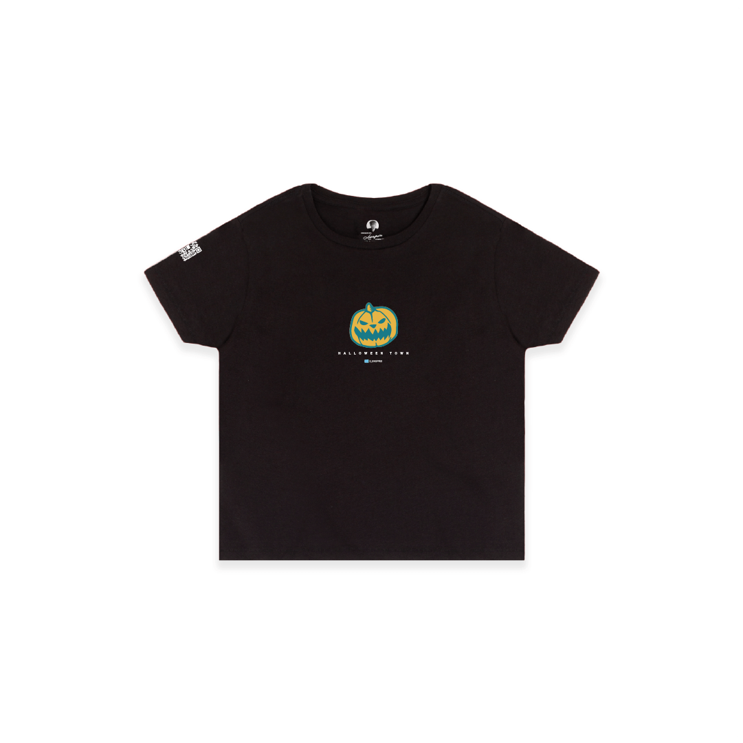 Black t-shirt with a pumpkin design and text on a white background