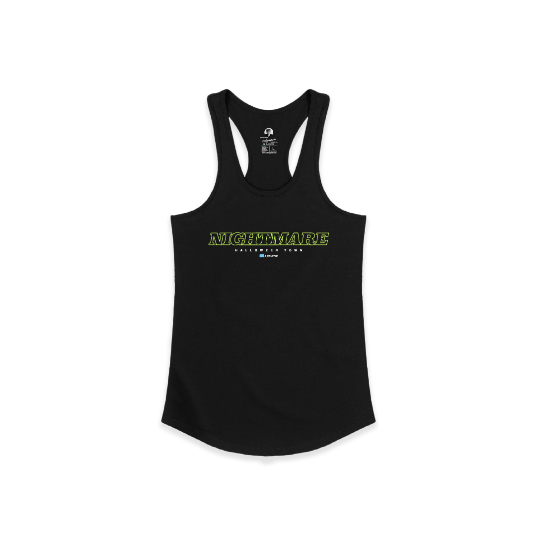 Front view of a black racer back tank top with neon green 'Nightmare' text on a white background