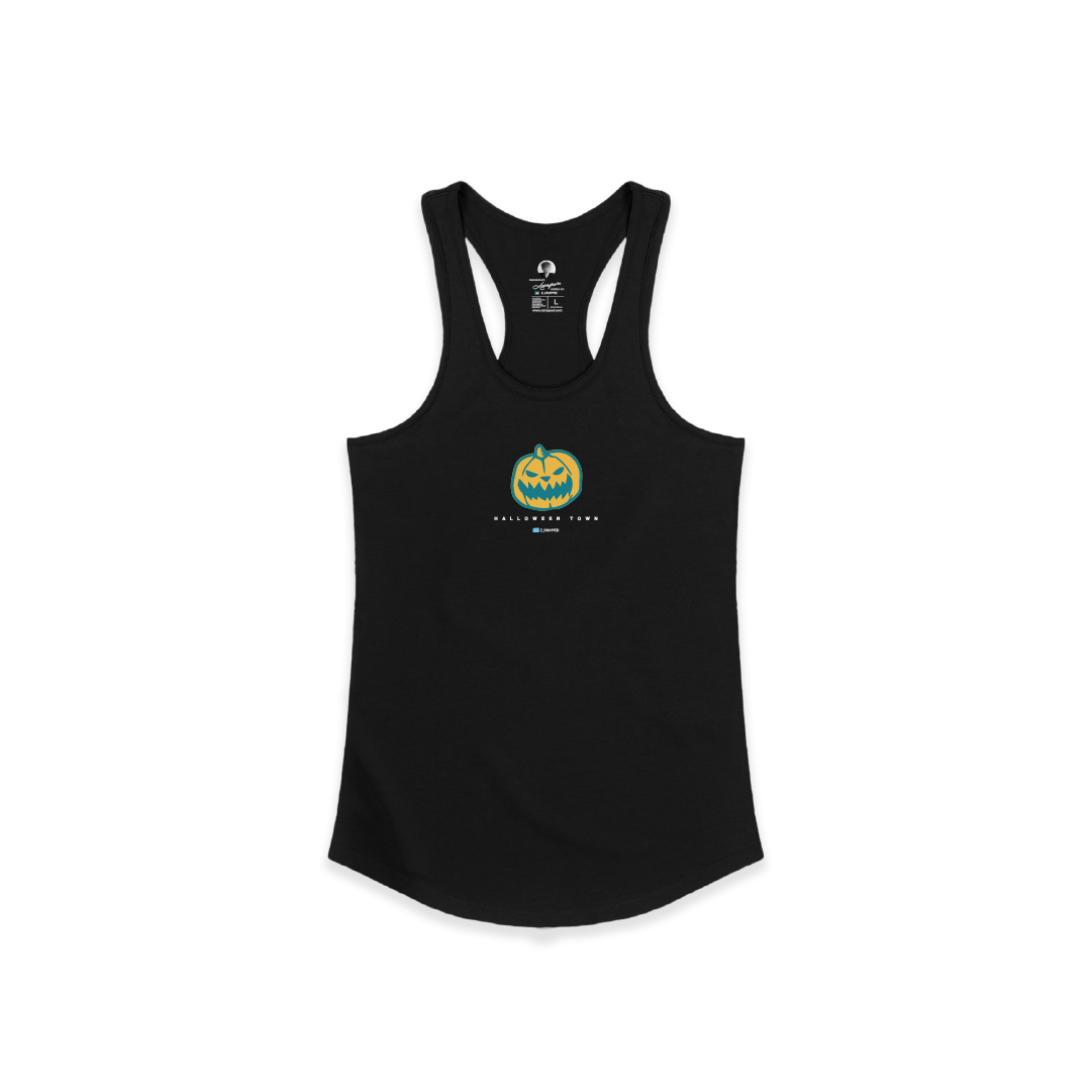 Black racer back tank top with a pumpkin design and text on a white background