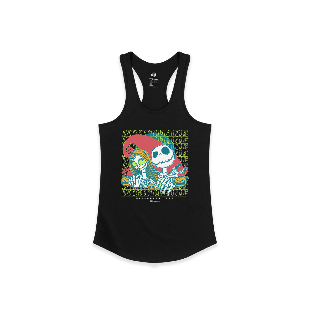 Front view of a black racer back tank top with two skeleton cartoon characters and 'Nightmare' text on a white background