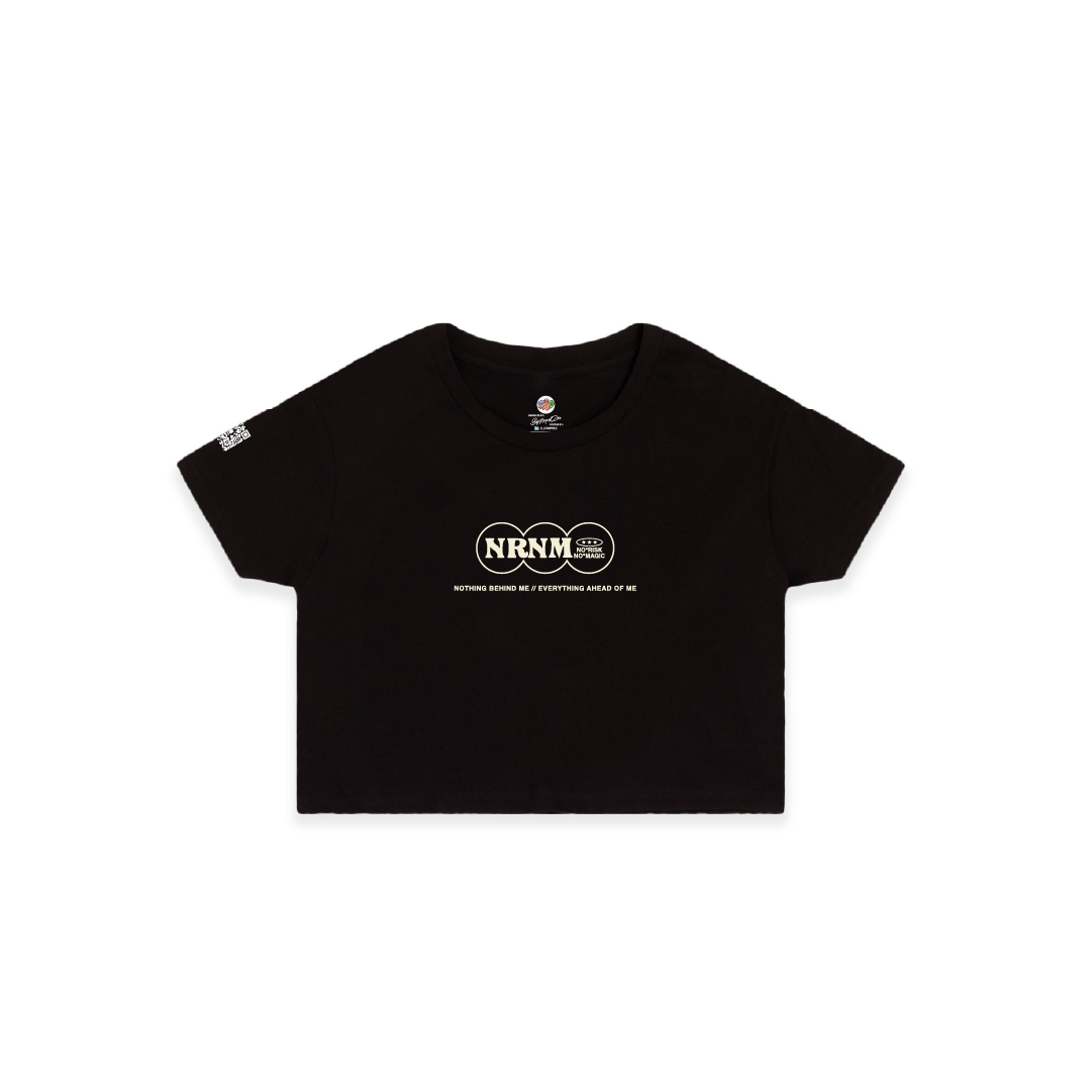 Front view of a  Black crop top with a cream colored no risk no magic logo on a white background