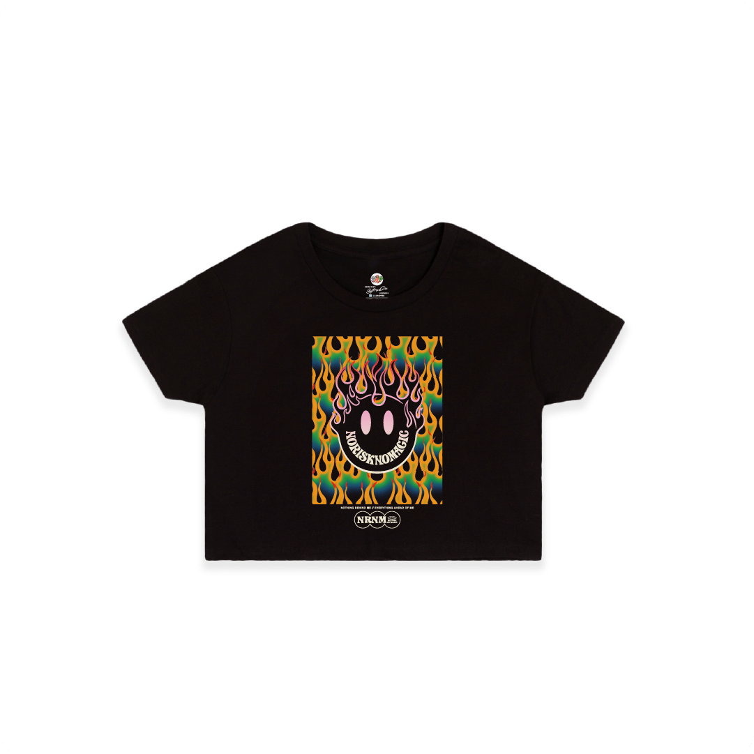Front view of a Black crop top with colorful flame graphic and smiley face design on a white background