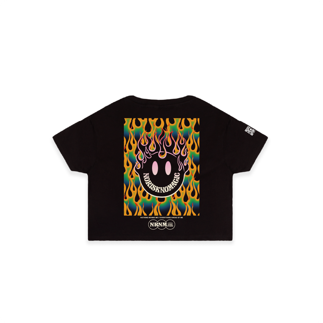 Rear View of a Black crop top with colorful flame graphic and smiley face on a white background