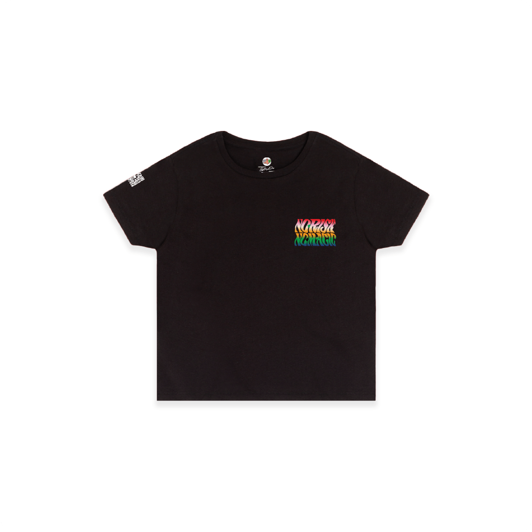 Front View of a womens Black high waist t-shirt with colorful no risk no magic graphic on a white background