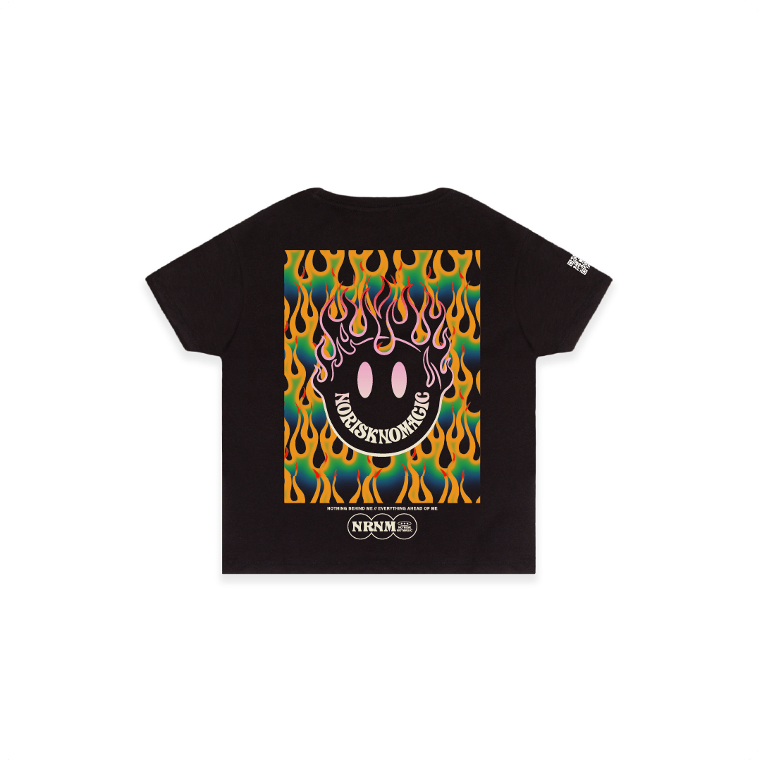 Rear View of a Black high waist t-shirt with colorful flame design and logo on a white background