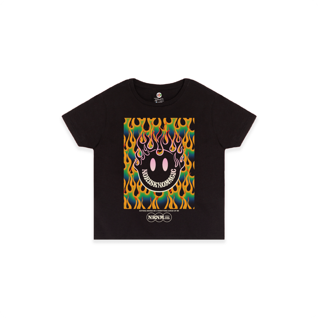 Front view of a womens Black high waist t-shirt with colorful flame graphic and smiley face design on a white background