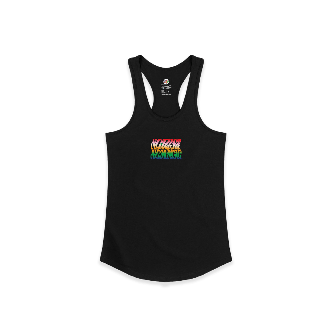 front view of a womens Black racerback tank top with colorful no risk no magic text design on a white background