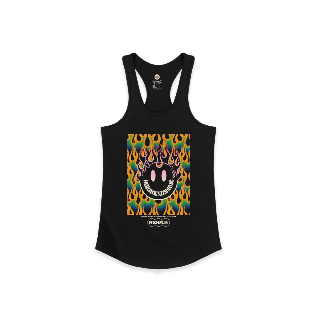 front view of a womens black racerback tank top with colorful flame and smiley face design on a white background