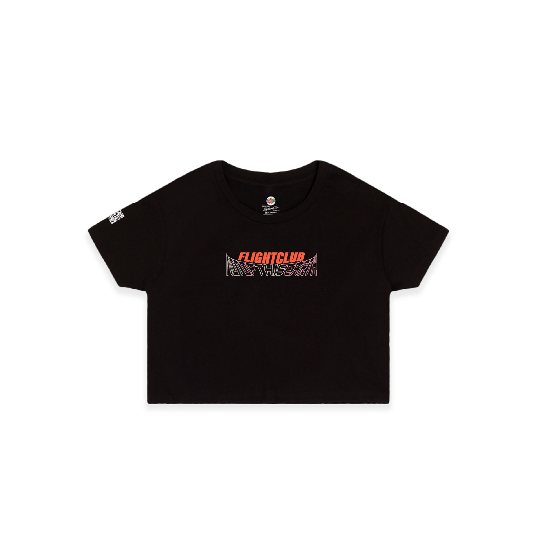 Black cropped t-shirt with “FLIGHTCLUB NOT OF THIS EARTH” graphic text in red and white, centered on the chest.