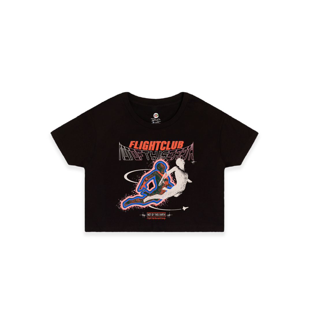 Black crop top t-shirt with colorful graphic design on a white background