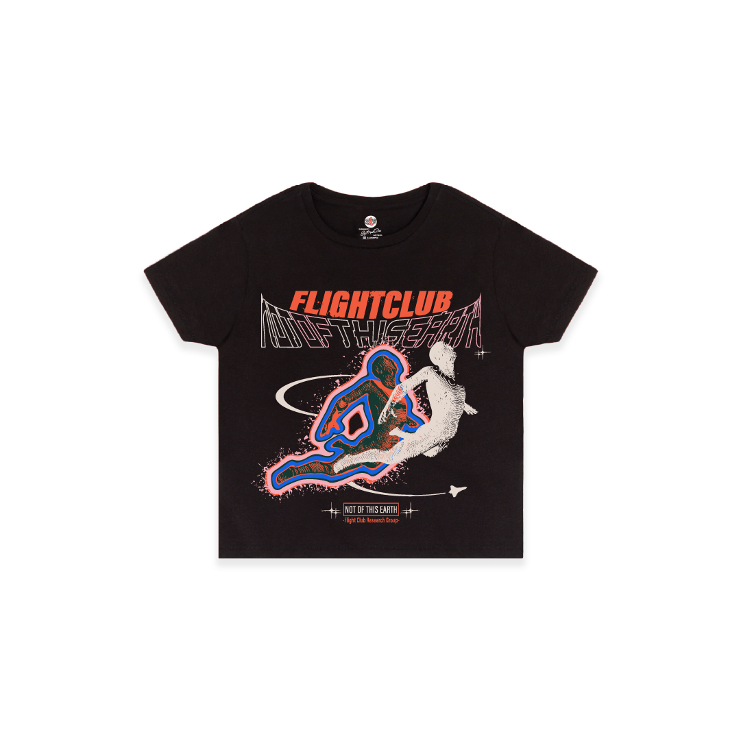 Front view of a womens Black high waist  t-shirt with 'FLIGHT CLUB' graphic design on a white background