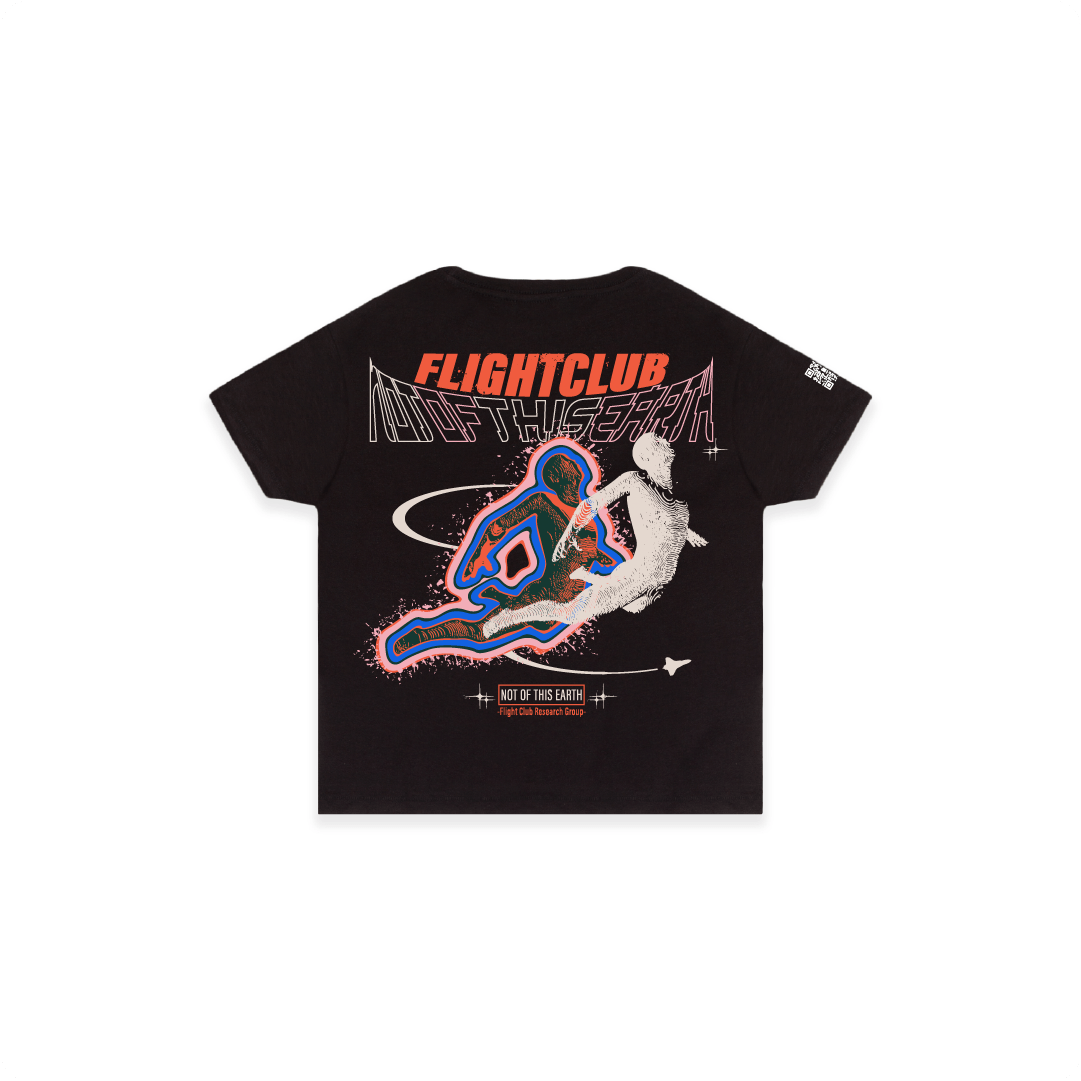 Rear view of a womens black high waist t-shirt with colorful graphic design and 'FLIGHTCLUB' text on a white background