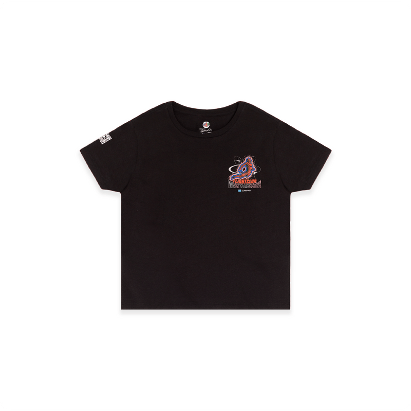 Front view of a womens black high waist t-shirt with a colorful graphic on the chest against a white background