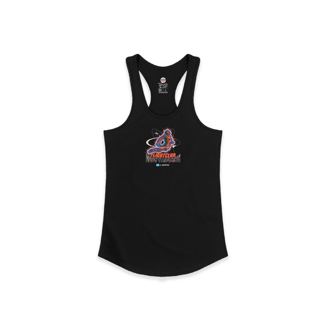 Front view of a womens black racerback tank top with a colorful graphic on a white background