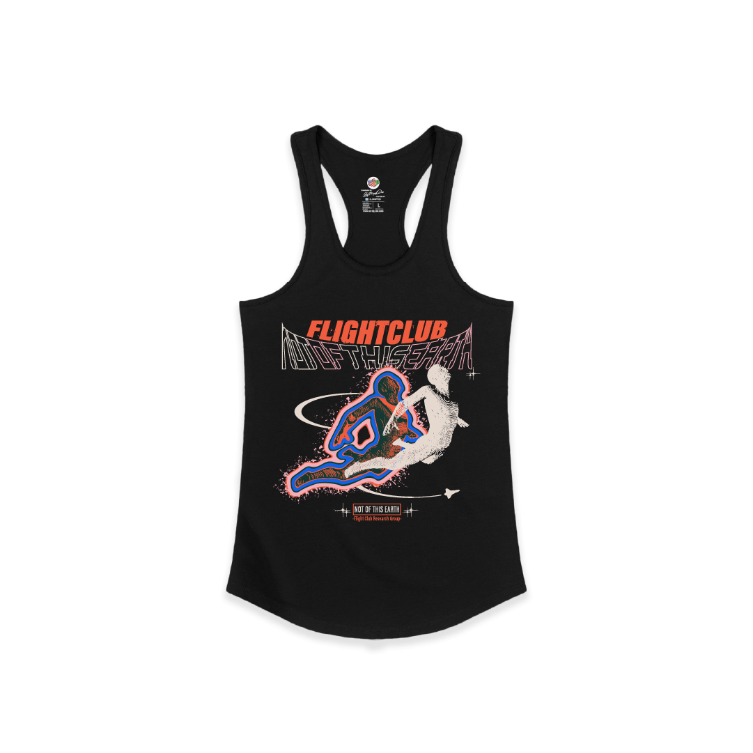 Front view of a womens black racerback tank top with colorful graphic design on a white background