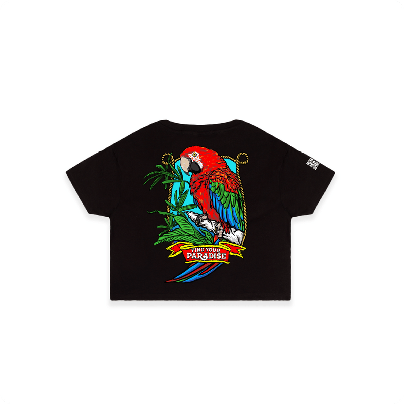 Black crop top t-shirt with a colorful parrot design on a white background