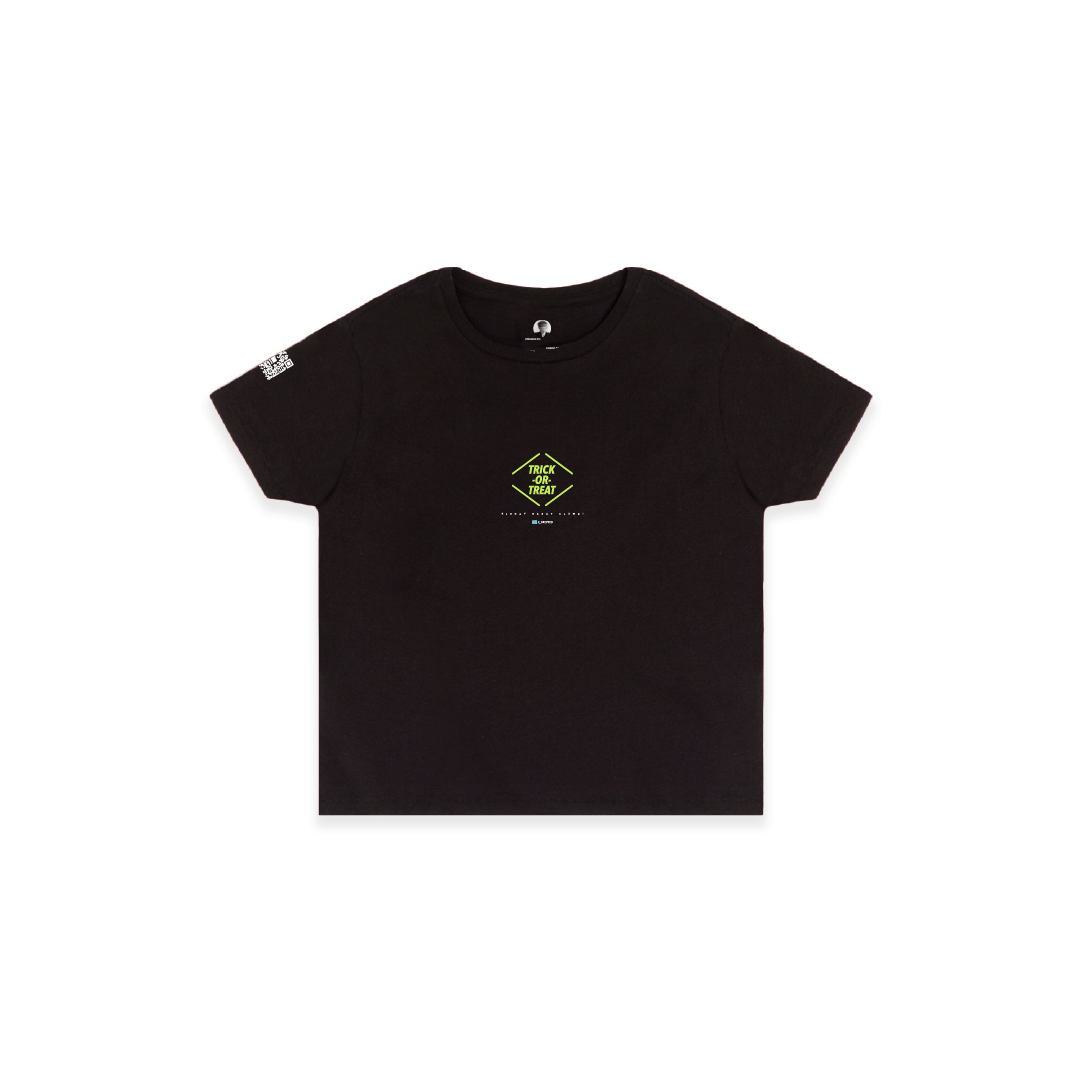 Front view of a black high waisted tee with trick or treat logo on a white background