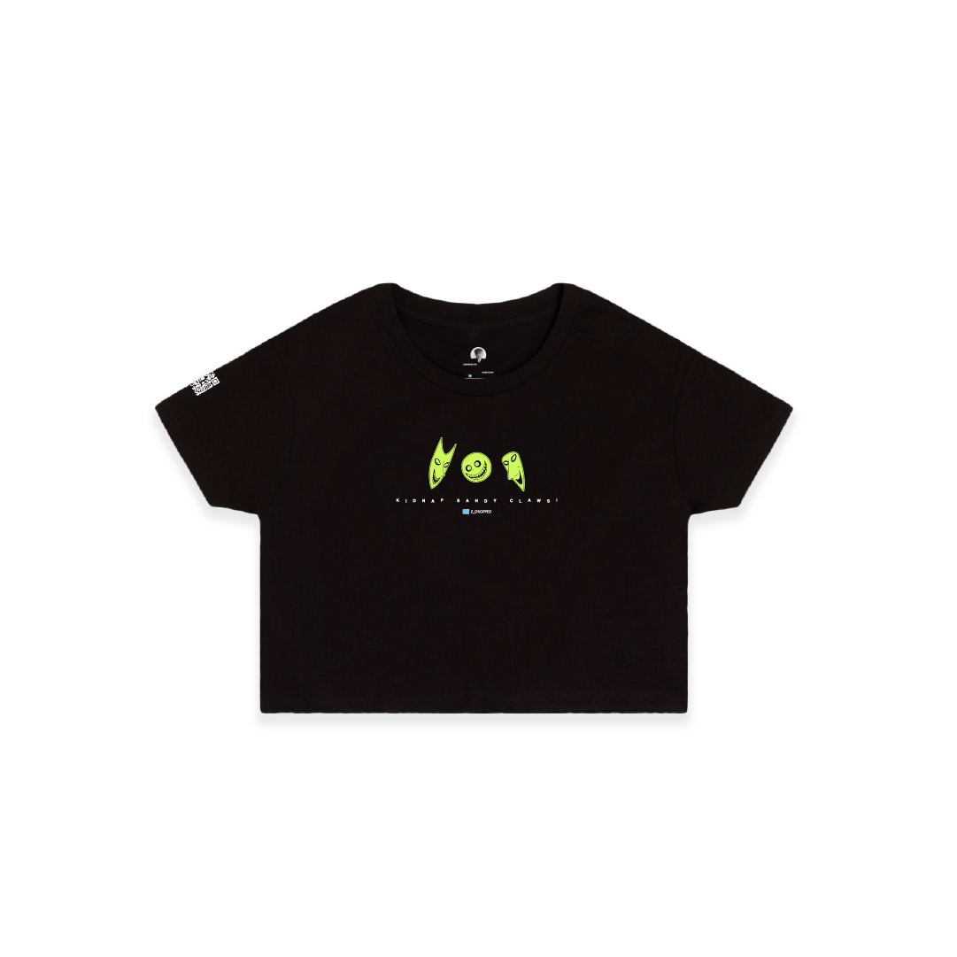 Front view of a black crop top with lock shock and barrel in neon green on a white background